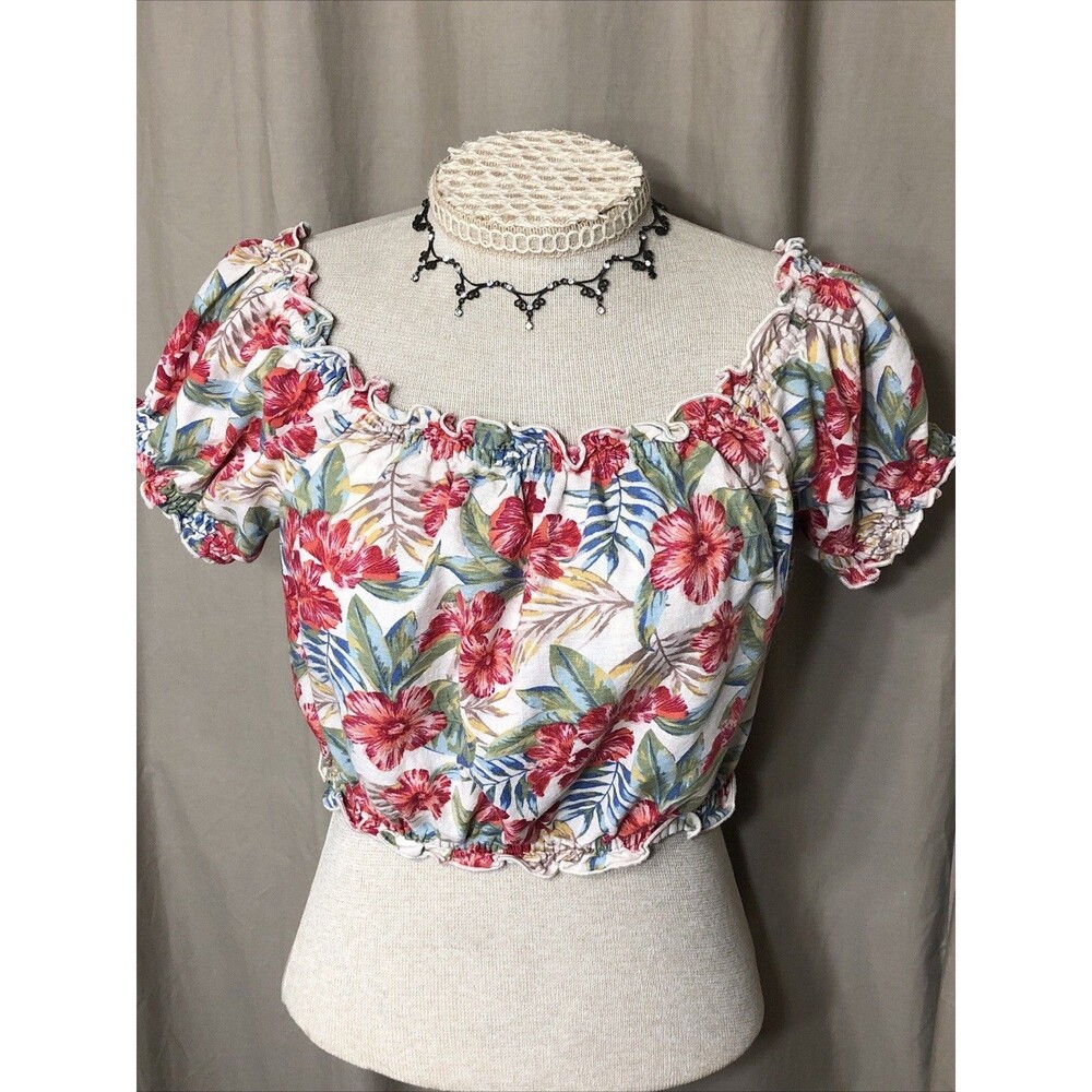 American Eagle Shirt Womens Sz S Ivory Red Linen Floral Crop Top Peasant Ruffle